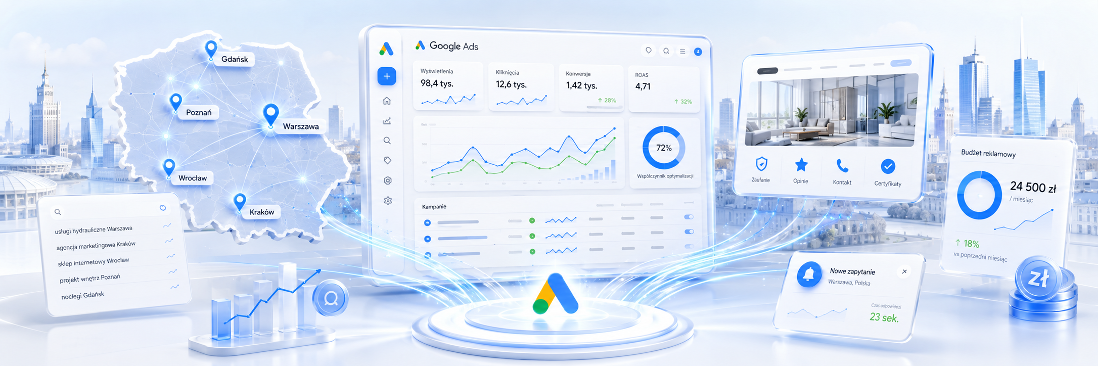 Google Ads в Польше: локальные запросы, карта рынка, посадочная страница, бюджет и обращения